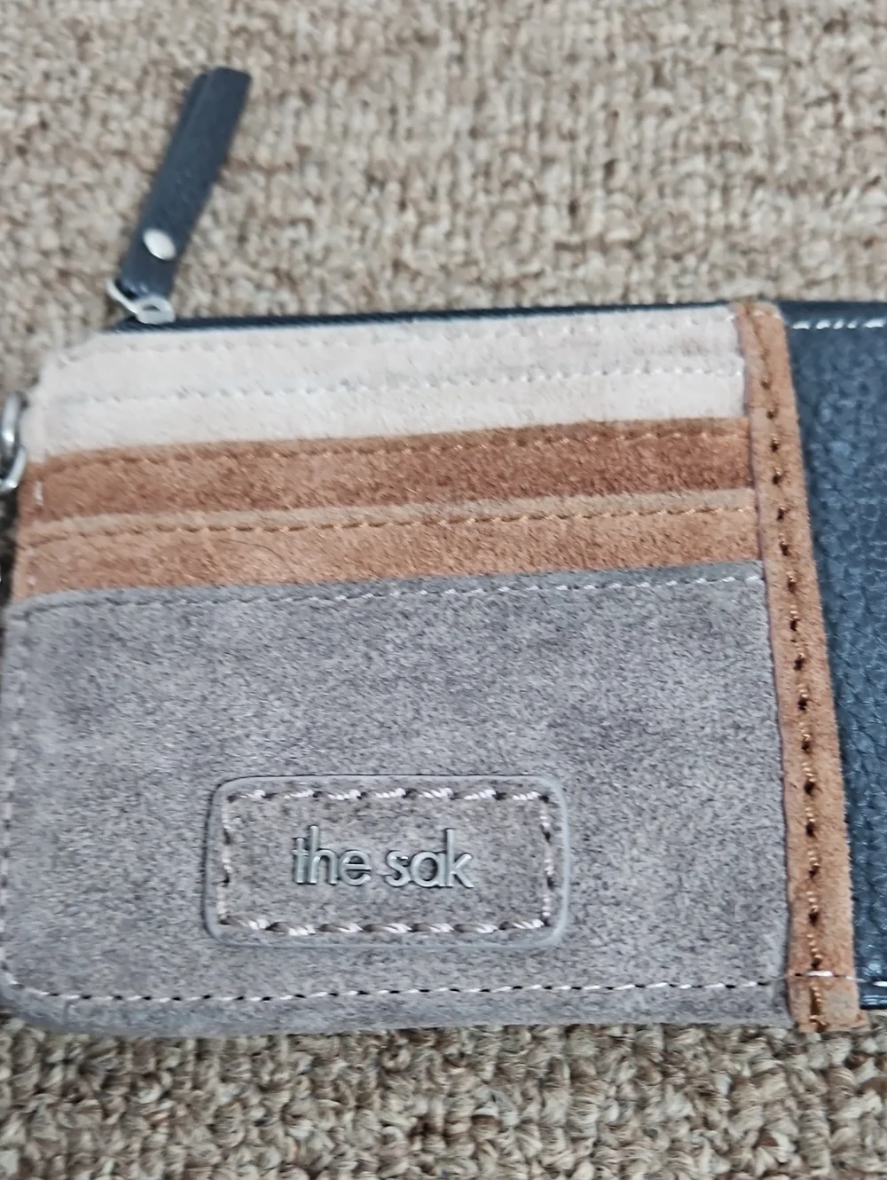 The Sak Iris Black Leather Colored Suede Card Wallet Holds 7 Cards Keychain